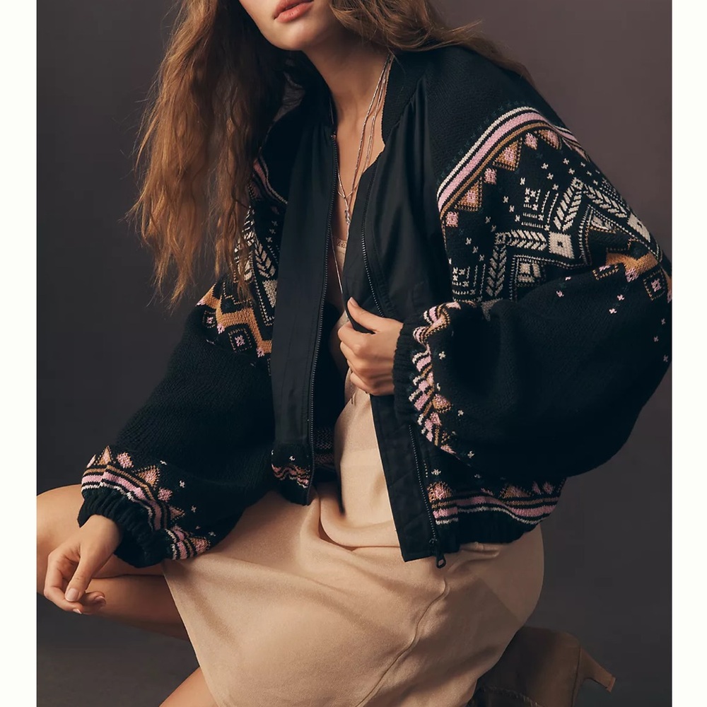 NWT By Anthropologie Fairisle Sweater Mix Bomber Jacket